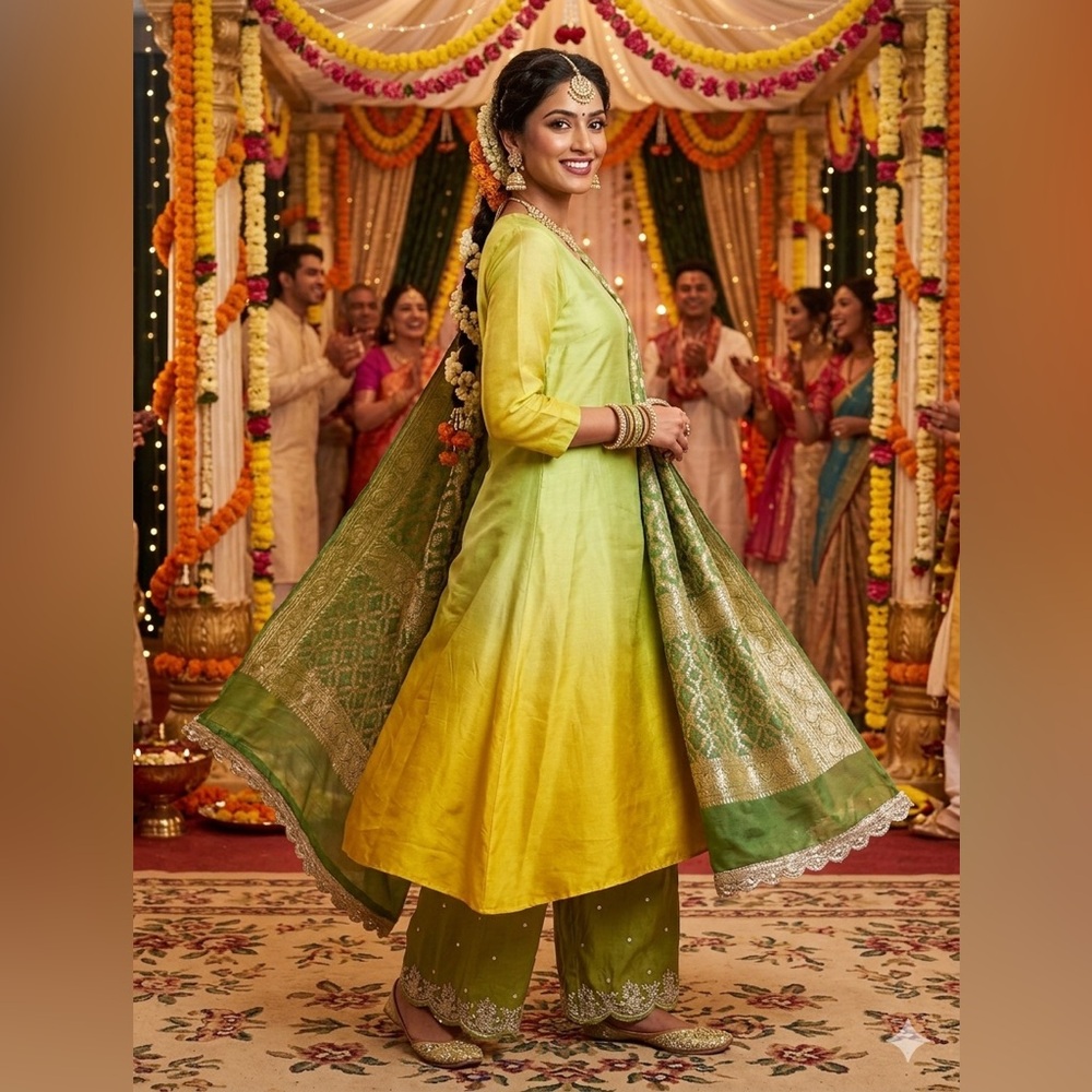 Meghna Panchmatia Green Ombré Zari Kurta Set